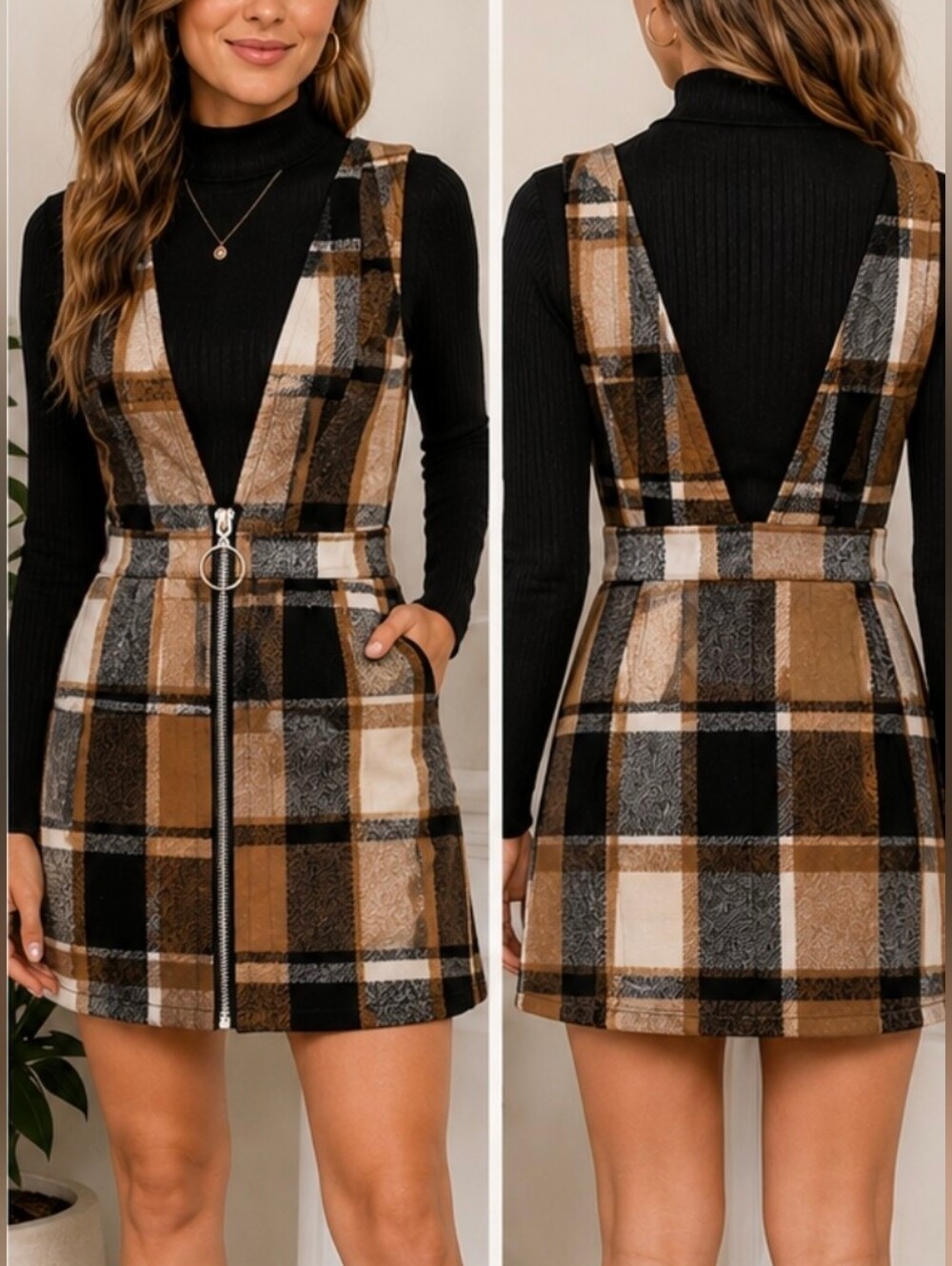 💕 SHEIN Plaid Sleeveless Pinafore Dress Size M | Zip Waist Detail